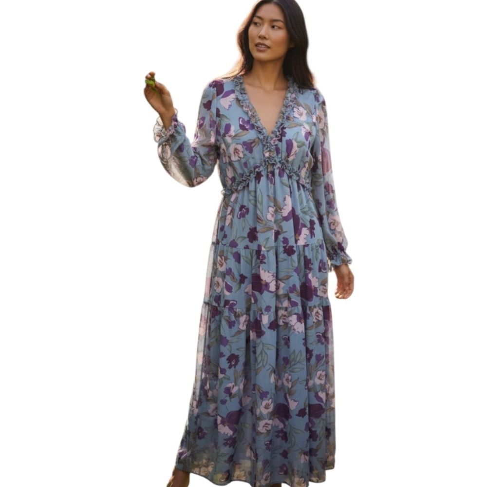 Amazon Floral Tiered V-Neck Maxi Dress in Dusty Blue & Purple Sz.M EUC